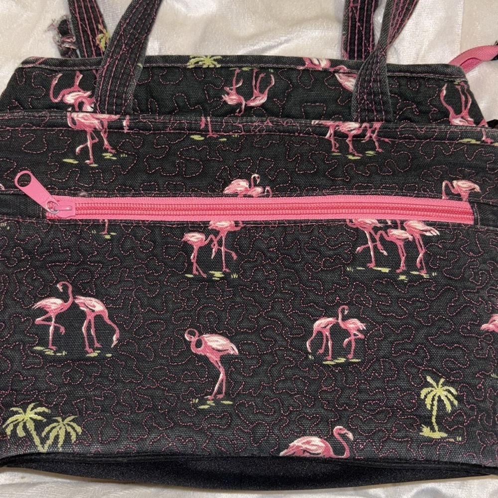 DONNA SHARP FLAMINGO NAVY BLUE AND PINK CANVAS TOTE/SHOULDER BAG ZIPPER CLOSURE - Picture 4 of 11